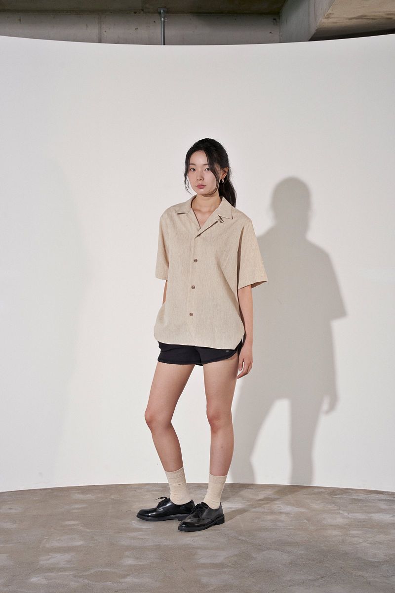 HERRINGBONE LINEN TAILORED 1/2 SHIRT (Oatmeal)