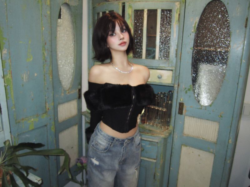 Fur off-shoulder top