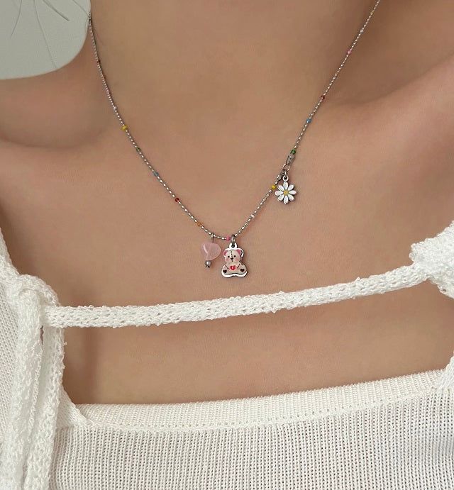 gom kitsch color beads daisy bear layered necklace