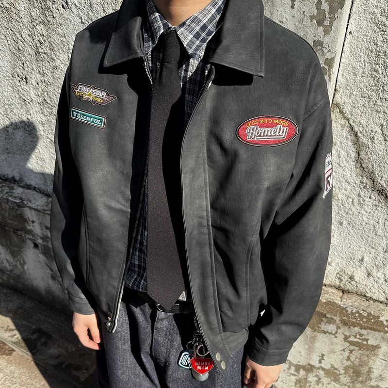 Oversized Vintage Patch Leather Jacket
