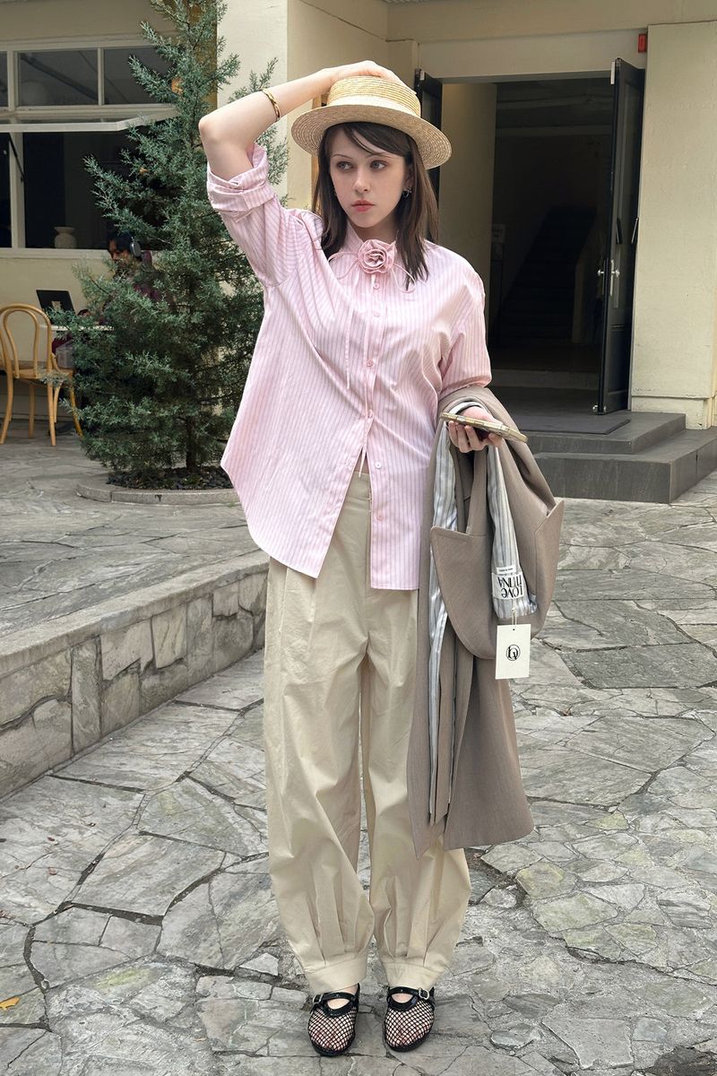 BROOCH STRIPE SHIRT_PINK