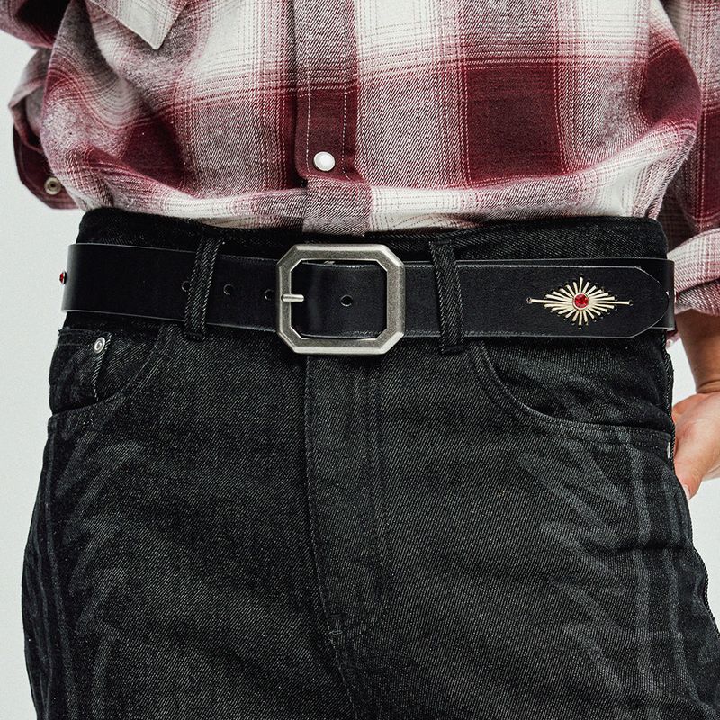 crystal stud & wax thread leather belt black