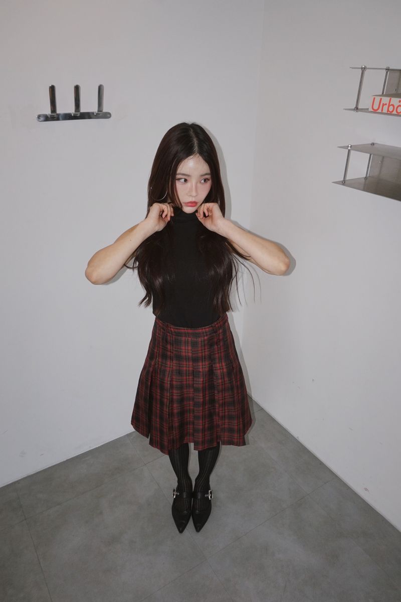 Red Preppy Checkered Midi Pleats Skirt