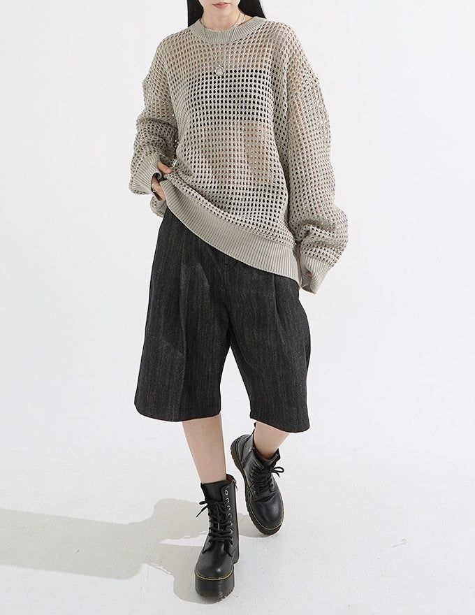 Pintuck Wide Raw Denim Bermuda Pants