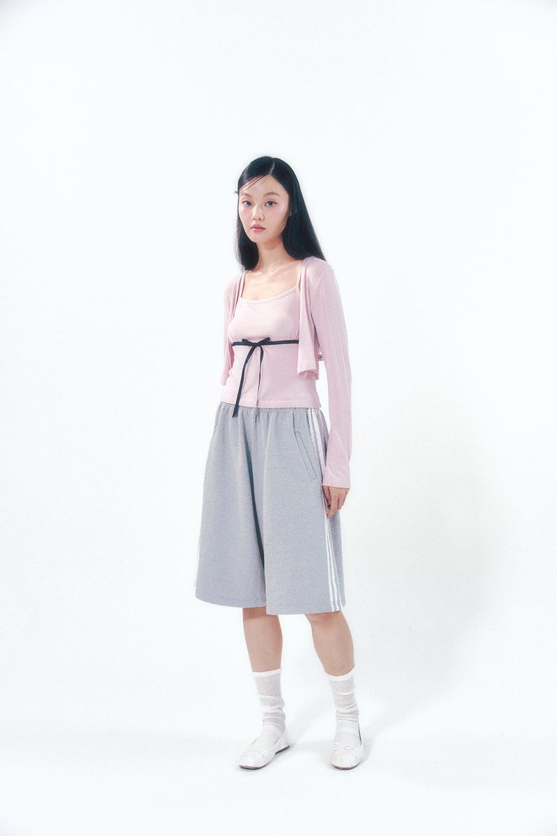 Knit Ribbon Shirring Top Set Pink