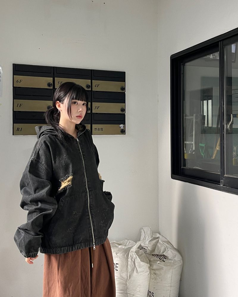 Vintage Dis denim Hooded Zip-Up