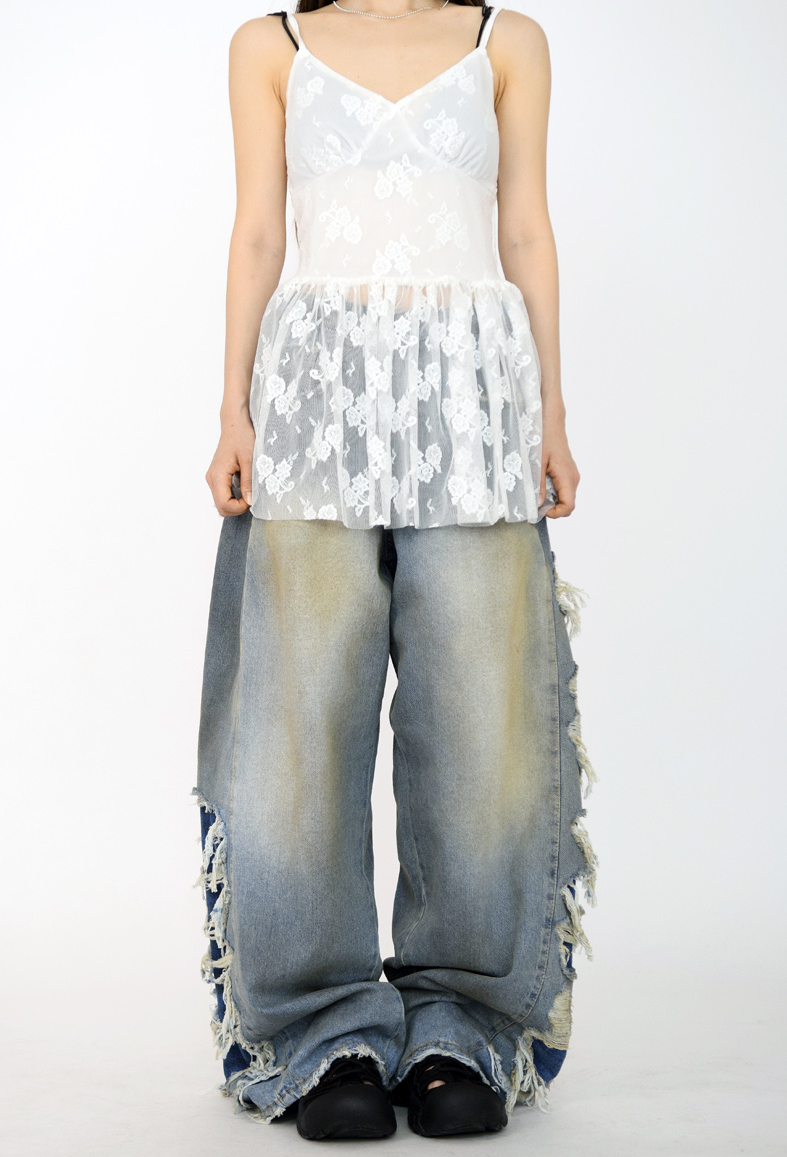 side dirty wide denim pants