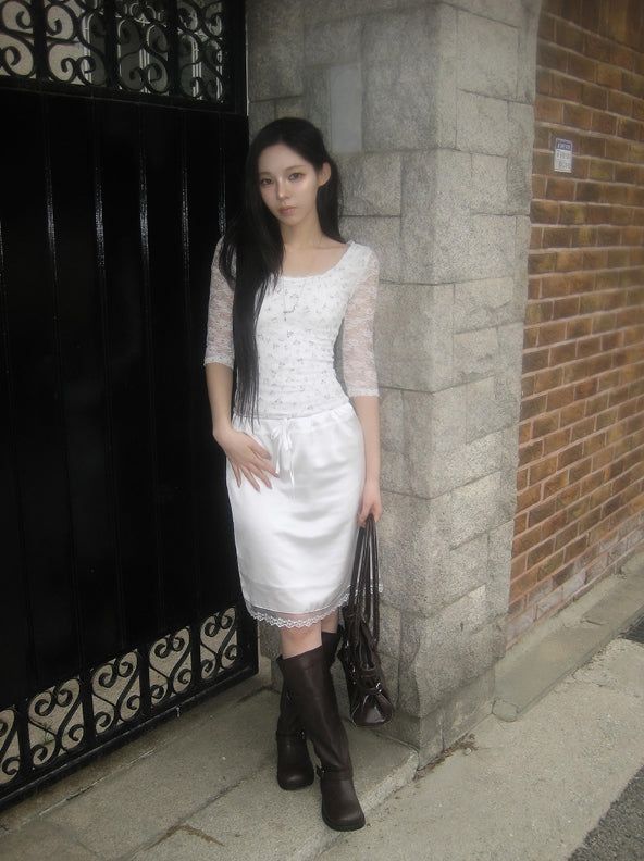 Oin Satin Lace Midi Skirt