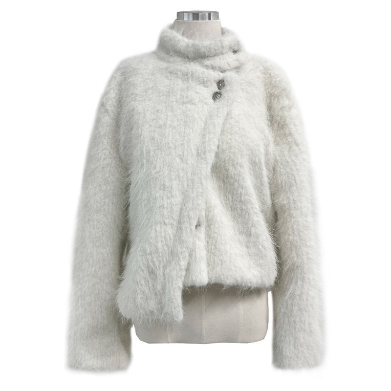 Classic Metal Wave Double Button High Neck Fur Coat (White)
