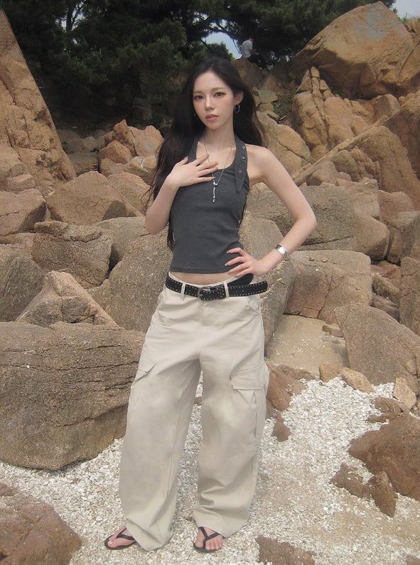 26SS★ [MADE] Pyoli Eyelet Halter Ribbed Sleeveless