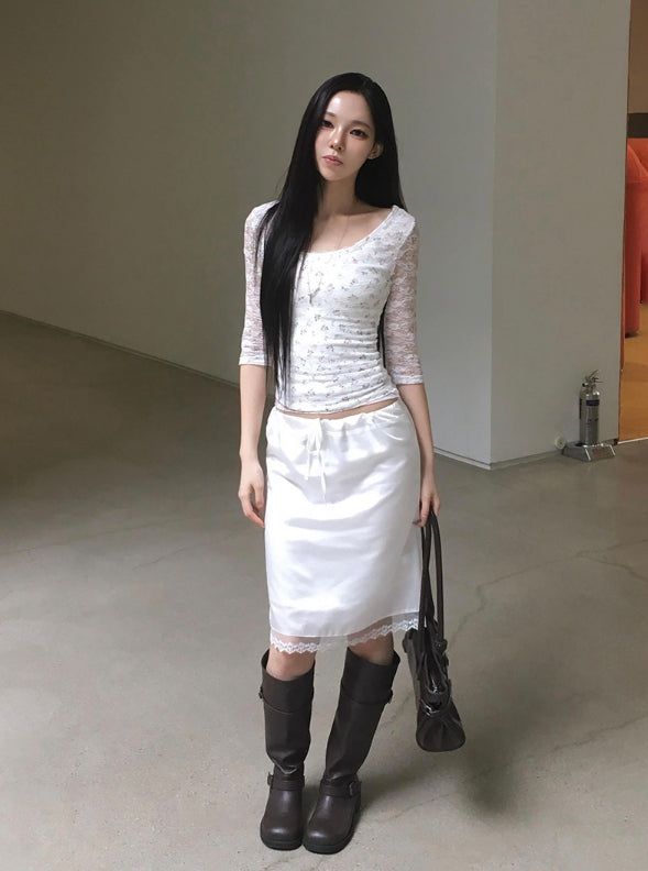 ウェブフラワーレース スリム 3/4スリーブTシャツ