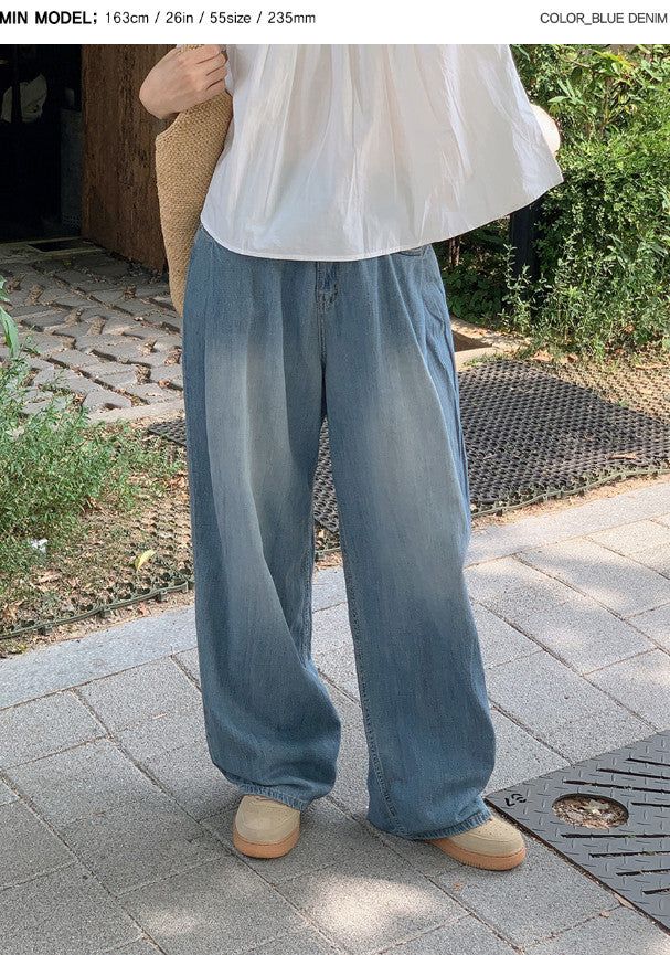 サマーピンタックウォッシュドワイドデニムパンツ