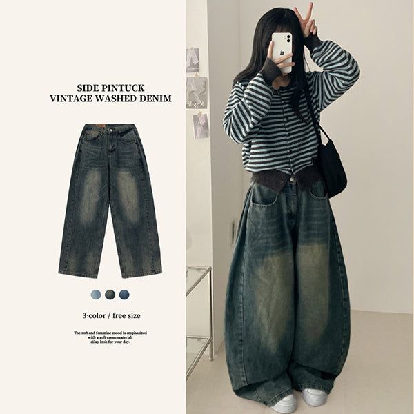 Moki Side Pin Tuck Denim Wide Pants