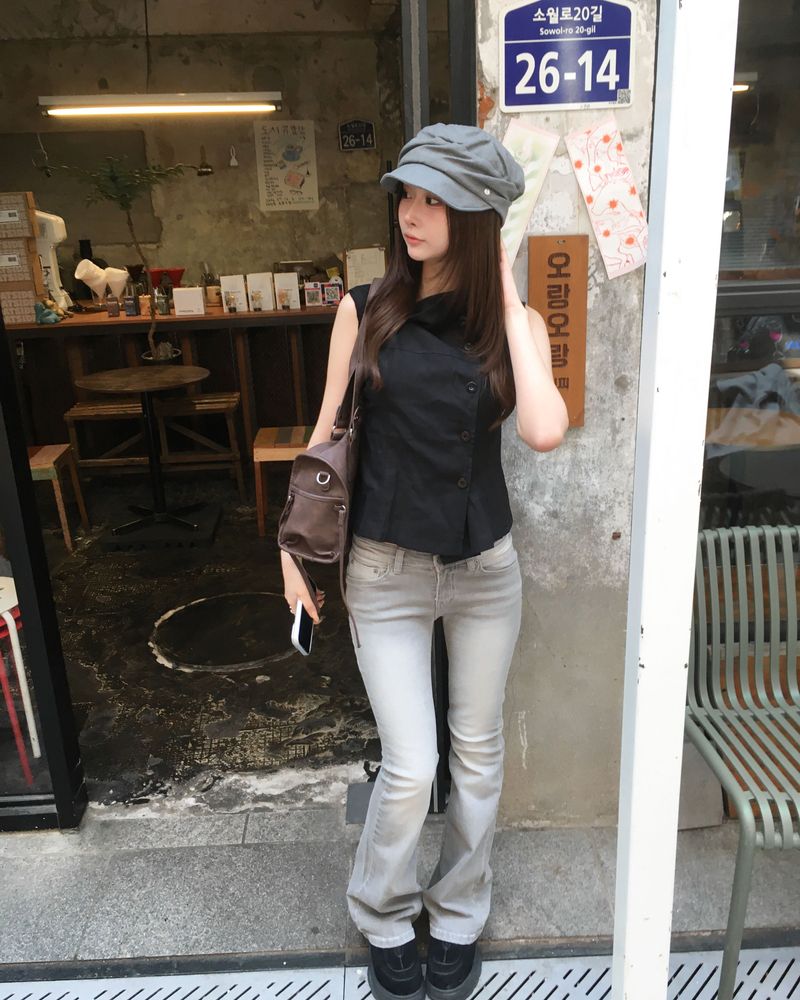 Grey lowrise boots cut pants