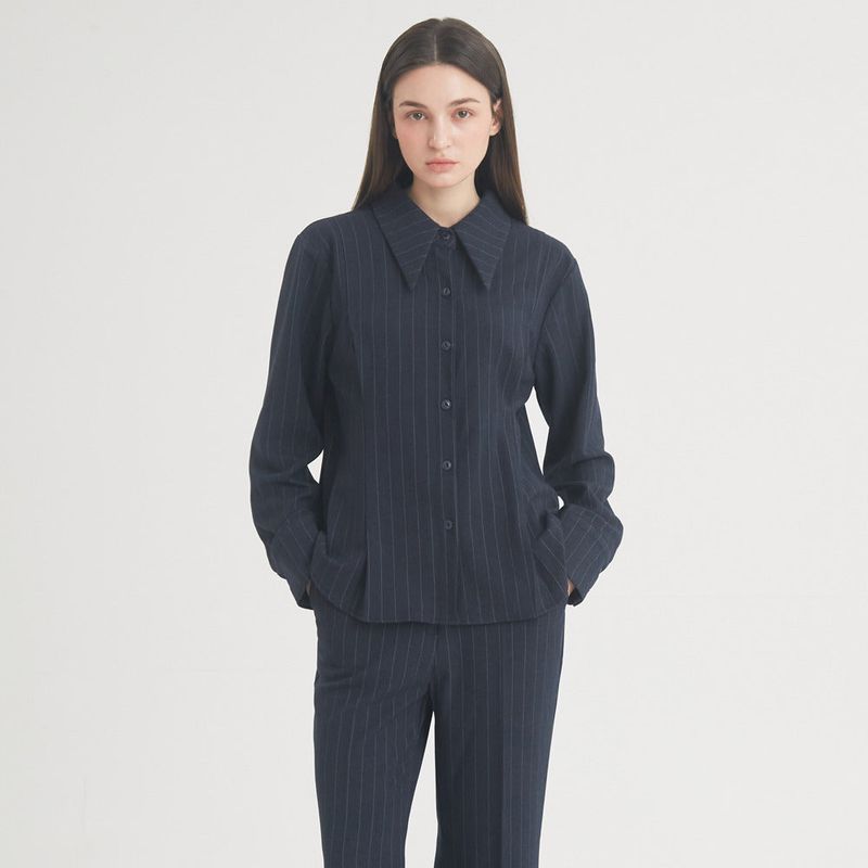 Wool Stripe Pintuck Shirt (Navy)