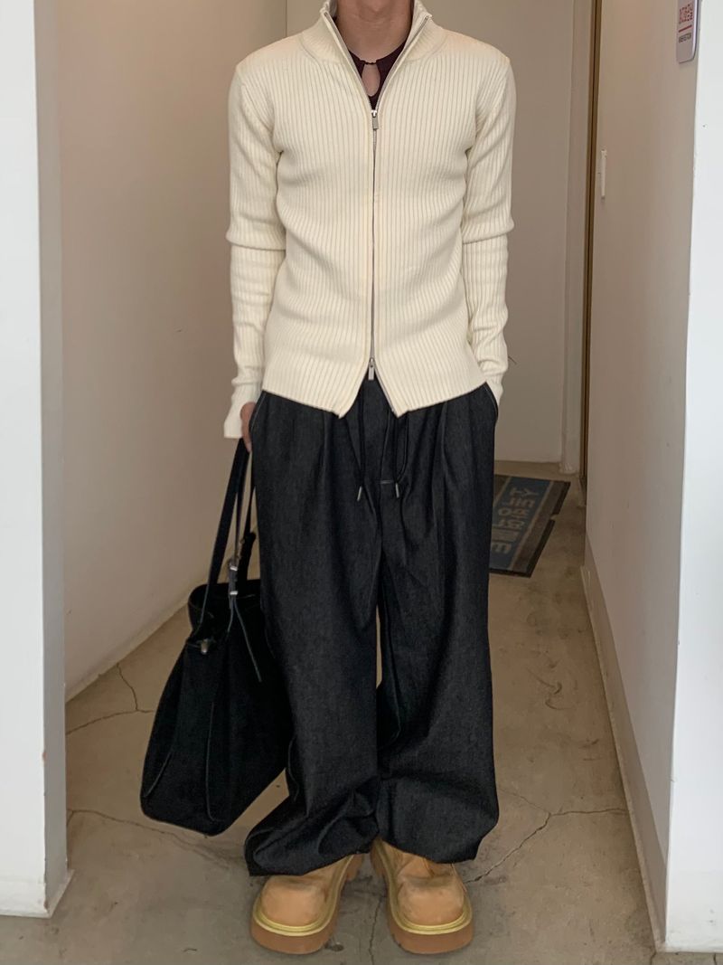 Rib Line Muscle Fit Zip-Up Knit