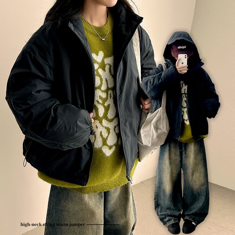 Cap hood boxy high neck padded jumper
