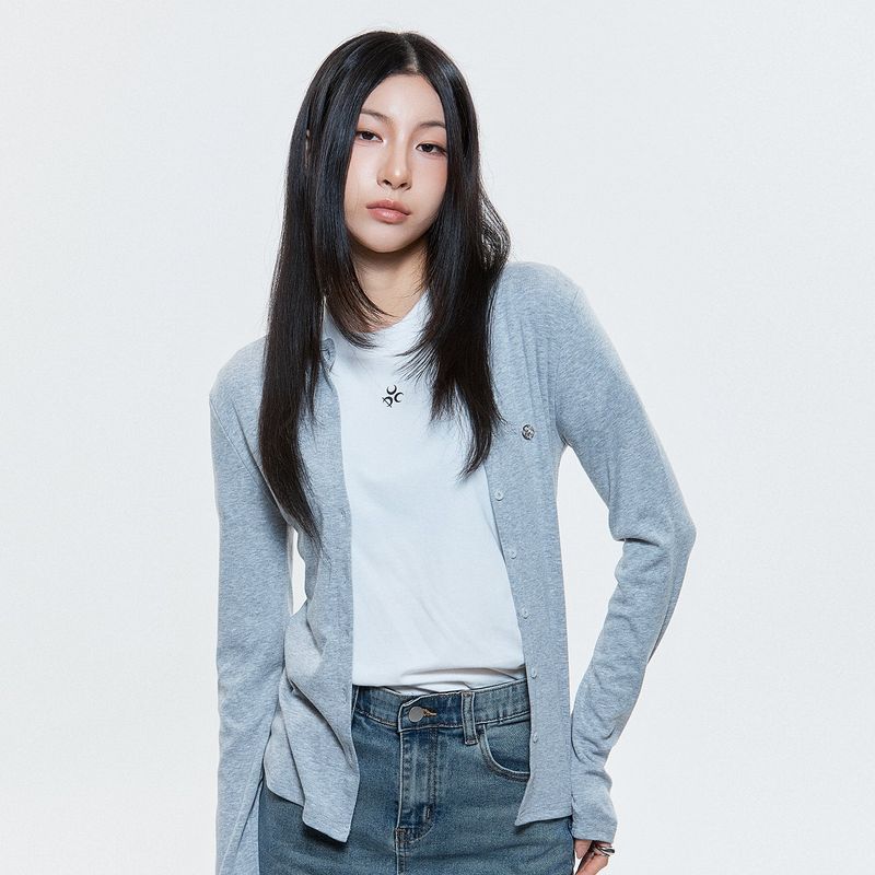 (DUC) Round-Neck Cardigan Gray