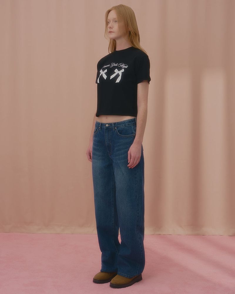 PRINCESS TWIN RIBBON CROP TSHIRT-BLACK