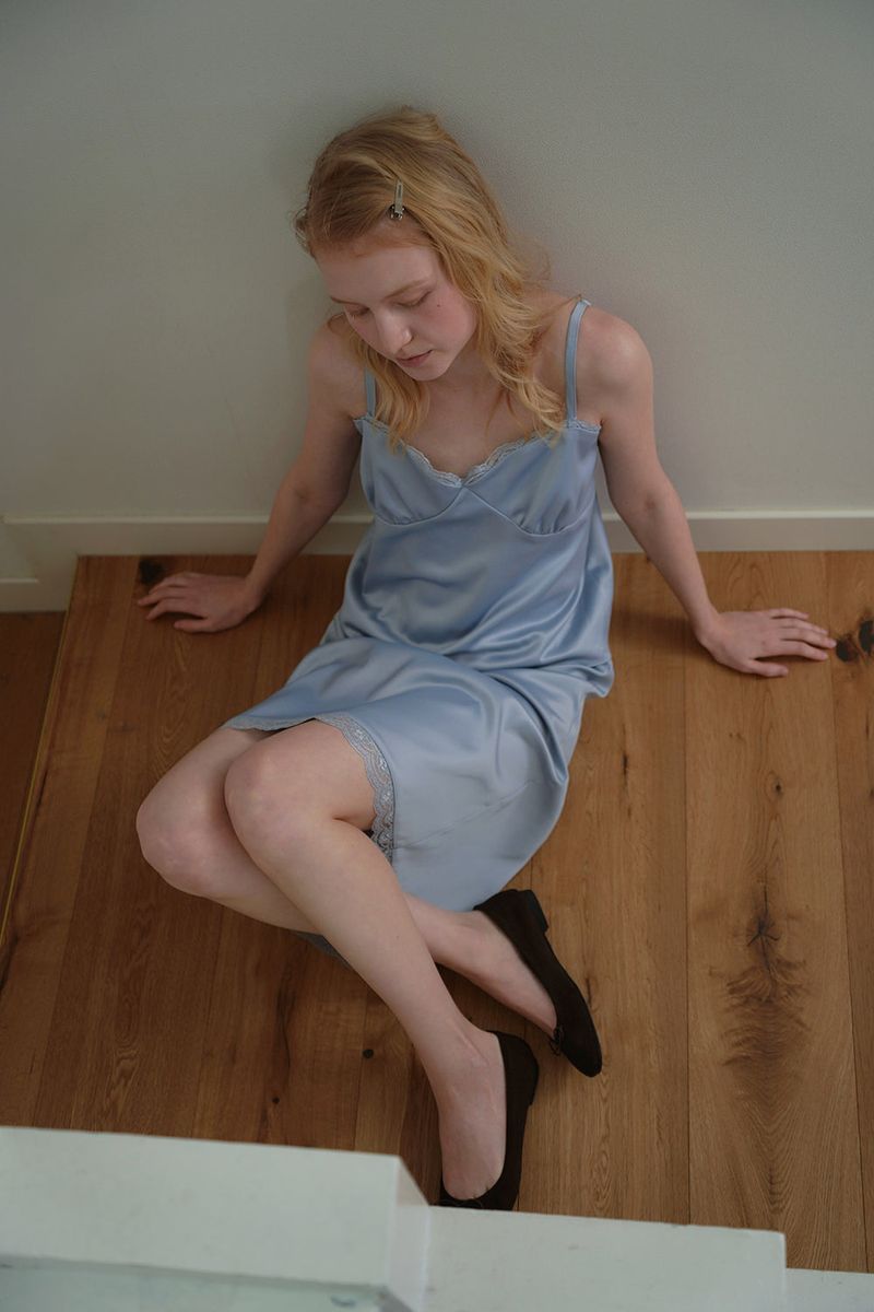 Satin lace top_skyblue