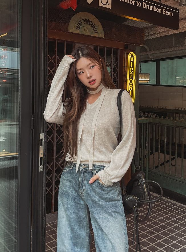 [Muffler set] Nana Wool V-neck Knit