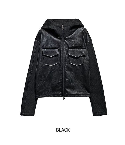 [LANARCH] Noble Leather Pocket Hooded Zip-Up
