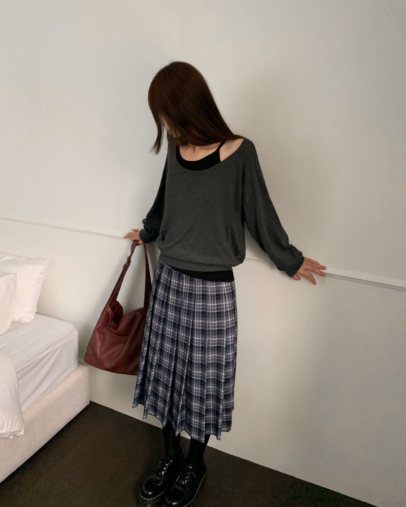 [ORIGINAL] Buckle Check Midi Pleated Skirt