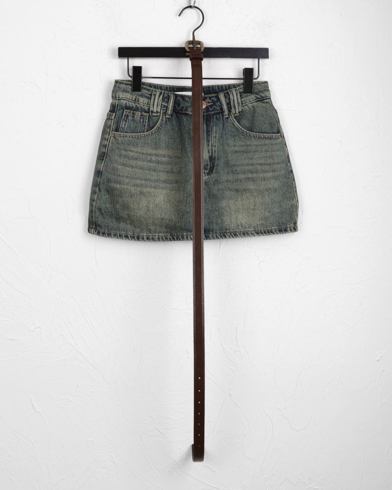 [Belt set] Jerik vintage washed denim mini skirt
