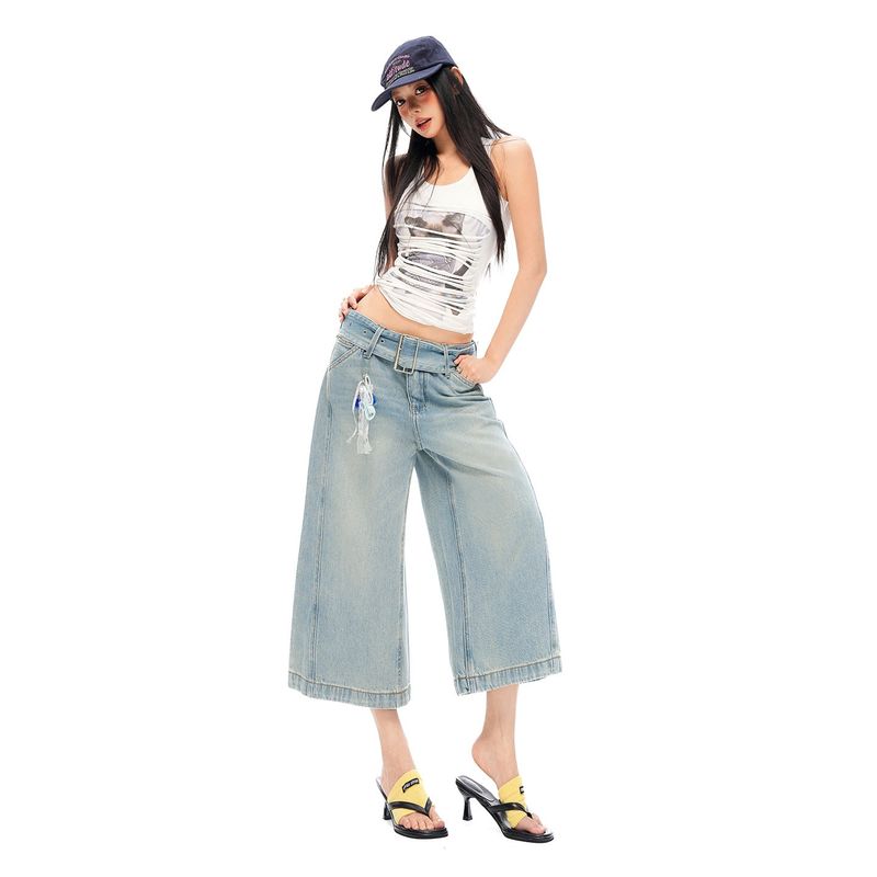 Vintage Light Wash Belted Wide Cropped Denim Pants