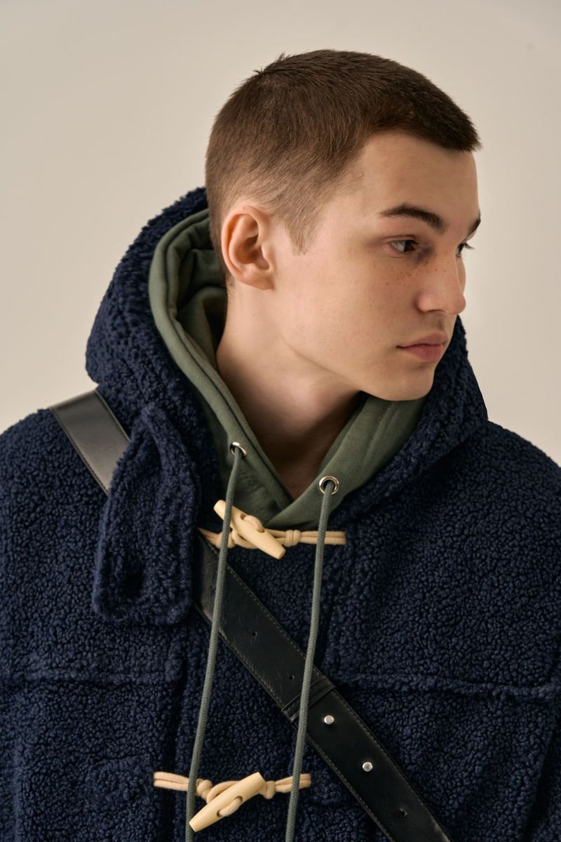 DUFFLE FLEECE HOODED COAT - NAVY