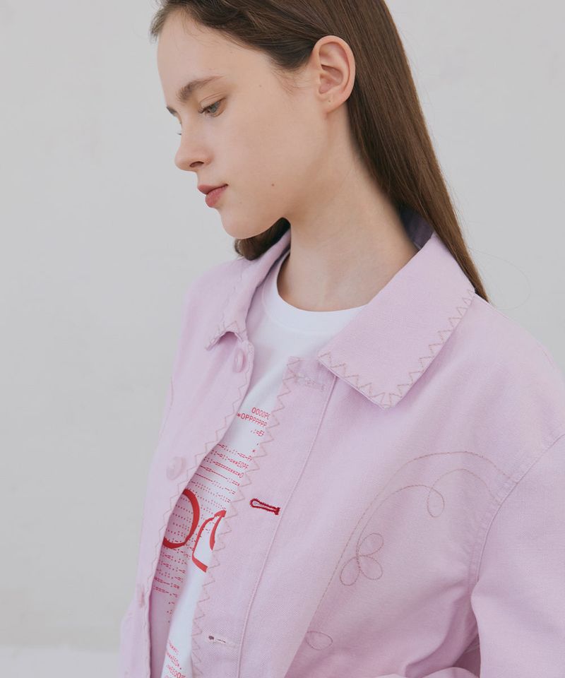 Floral Stitch French Work Jacket - Light Pink