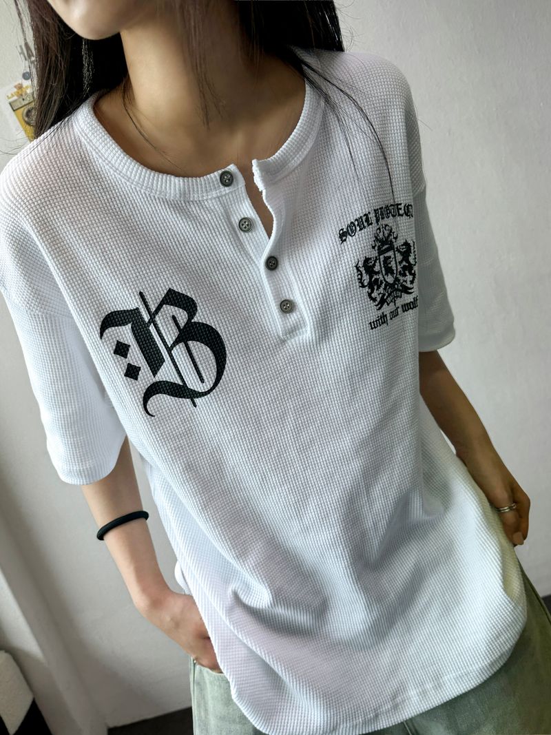 Bersh Waffle Henley Neck Letter Graphic T-Shirt 3color