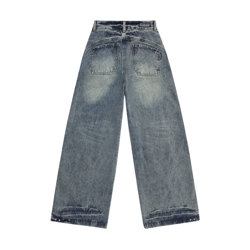 Curve Washed Snap Button Wide Denim Pants - 2COLOR