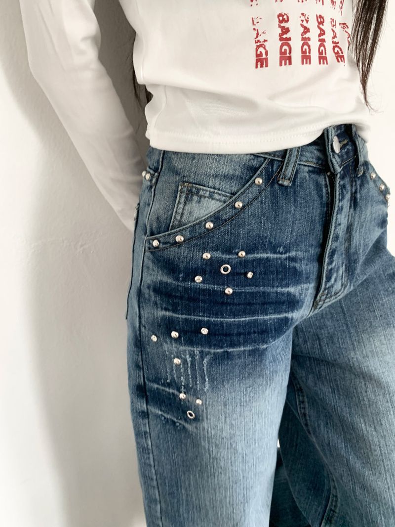 Rivet eyelet punching washed wide denim pants (Denim)