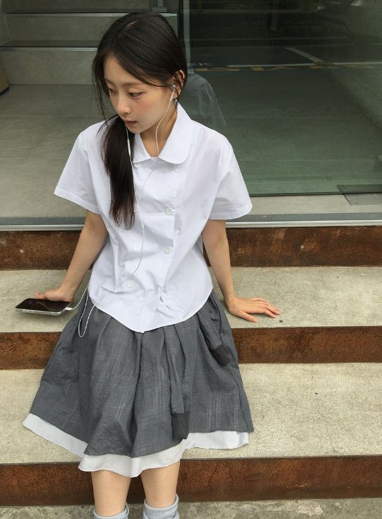 Karohi Sleeve Layered Check Shirring Midi Banding Skirt