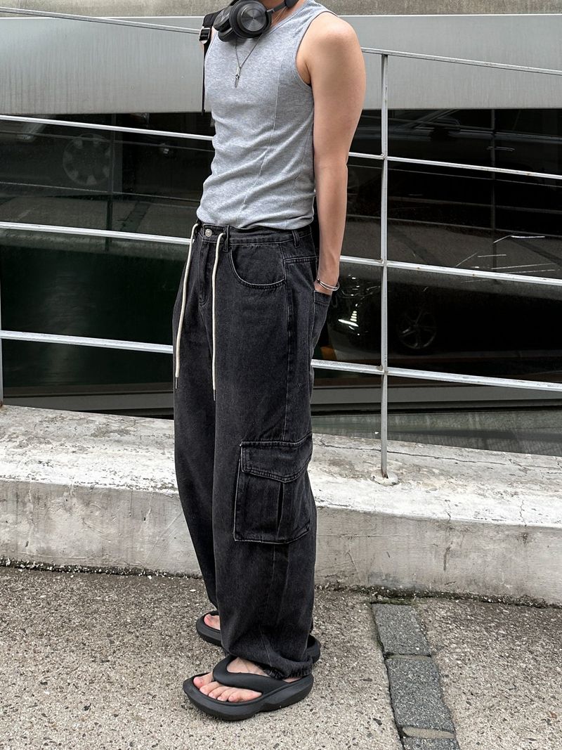 String Wide Cargo Denim PT