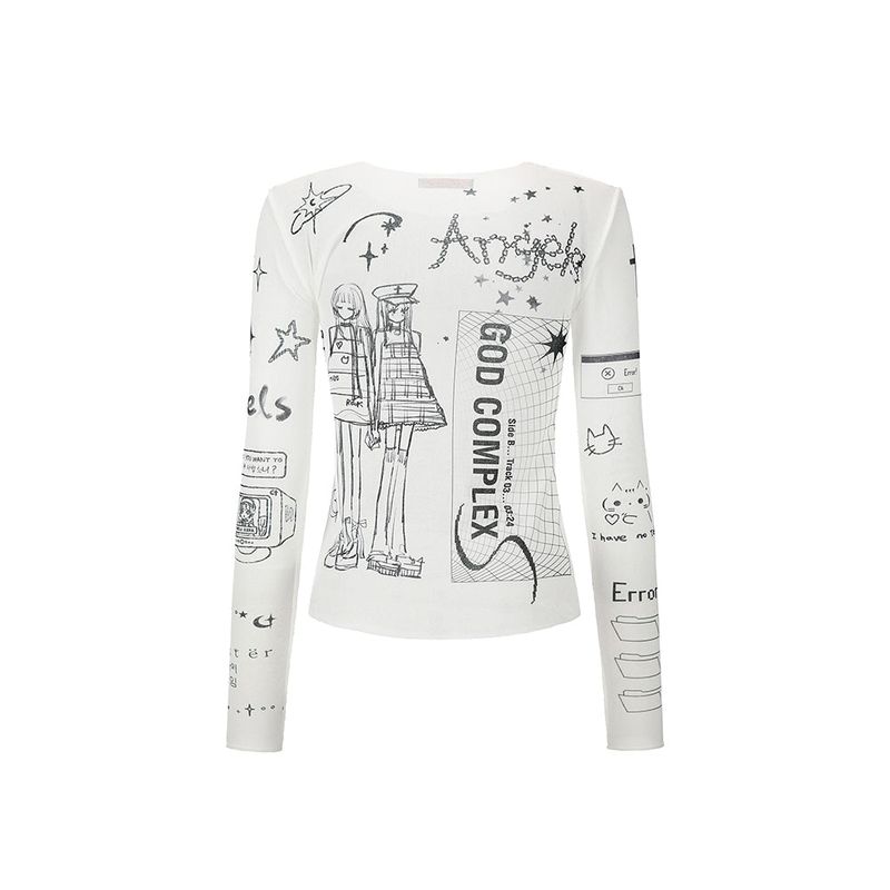 Computer Angel Print Top - WHITE