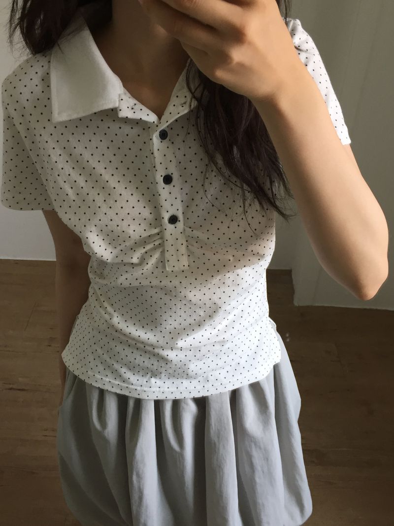 Shirring Dot Collar T-Shirt (3color)