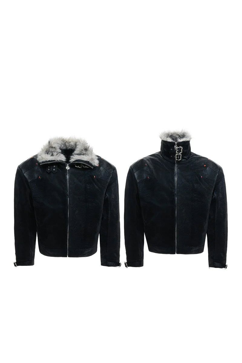 Snake Print Puffer Leather Jacket