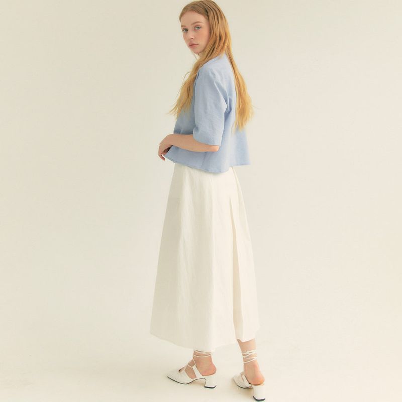 Cotton Pleats A-Line Long Skirt (Ivory)