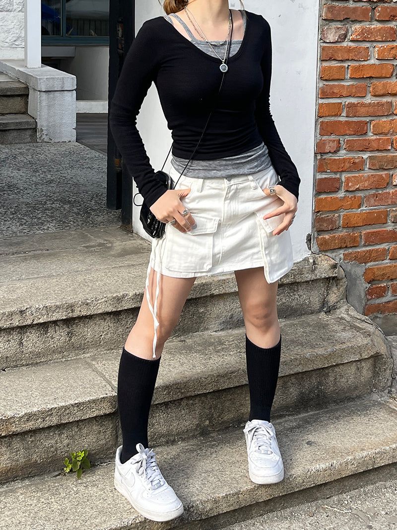 Multi-Unbalanced Pocket String Cargo Mini Skirt