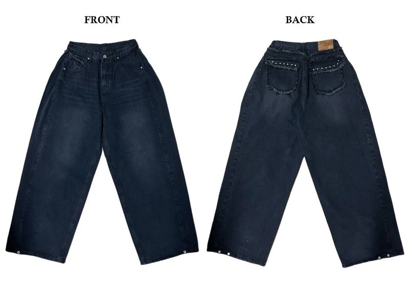 Rough Muse Tassel Ball Stud Wide Long Denim Pants