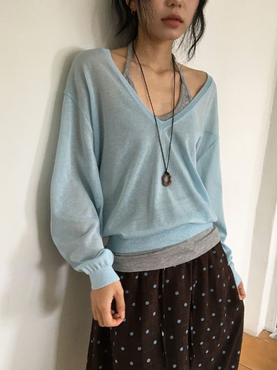 Otsuri Loose-Fit Summer Deep V-Neck Knit