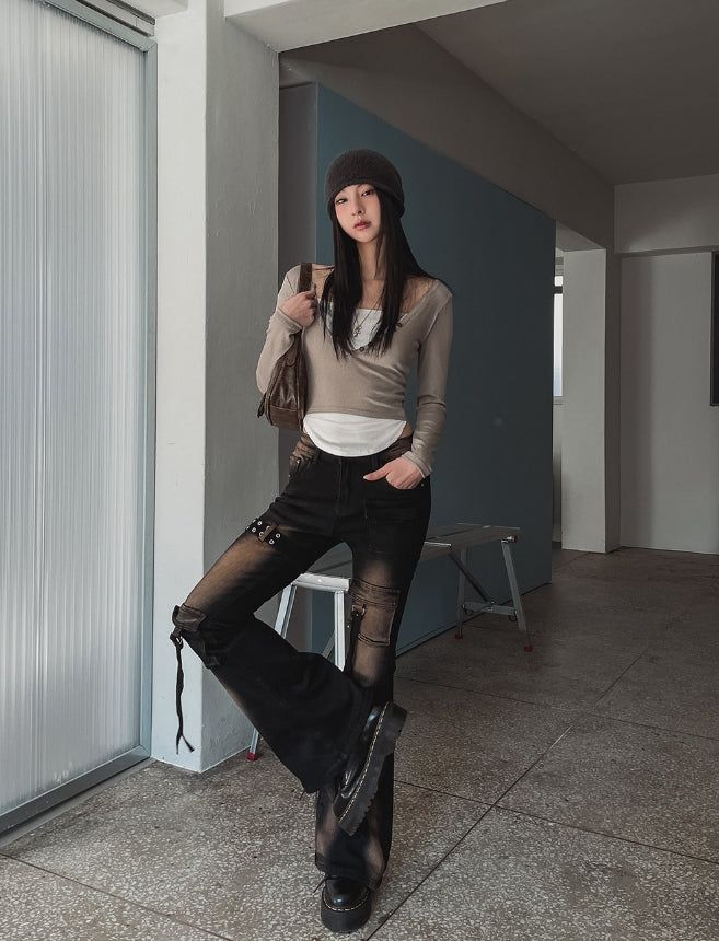 Boldy Eyelet Belted Bootcut Denim Pants