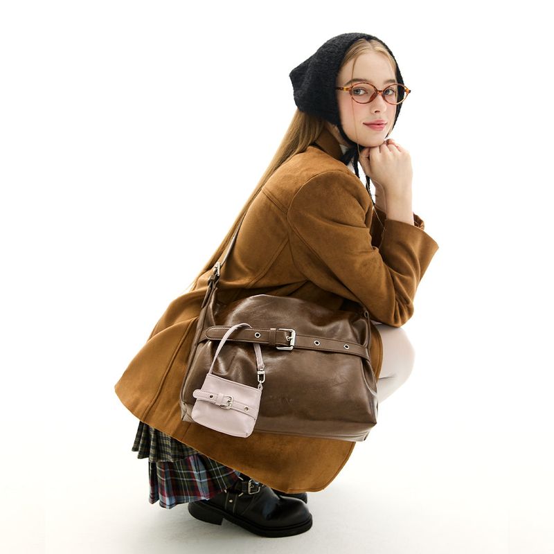[SET] Medium Buckle Hobo Shoulder Cross Bag _ Brown