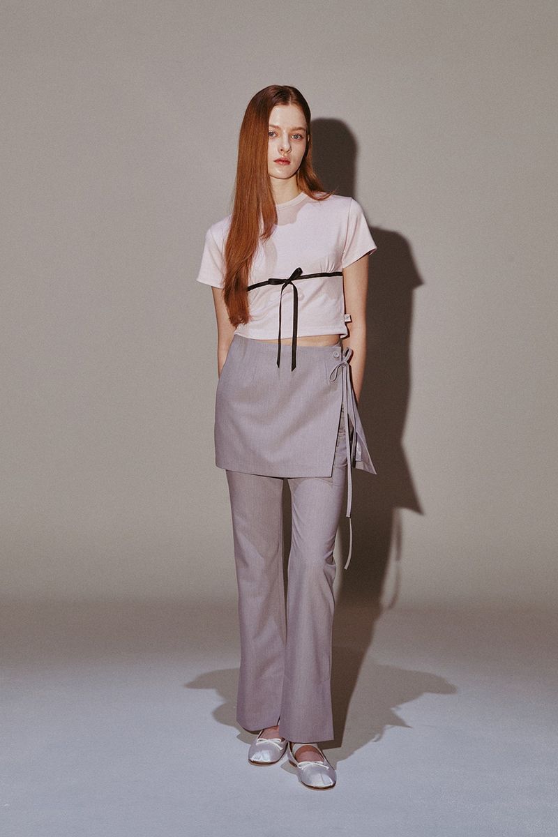 Ribbon Skirt Pants Set Gray