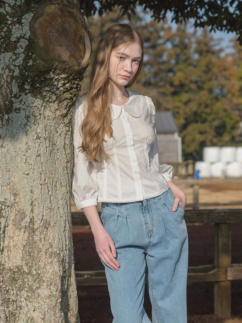 GANAEL round collar puff tencel shirt