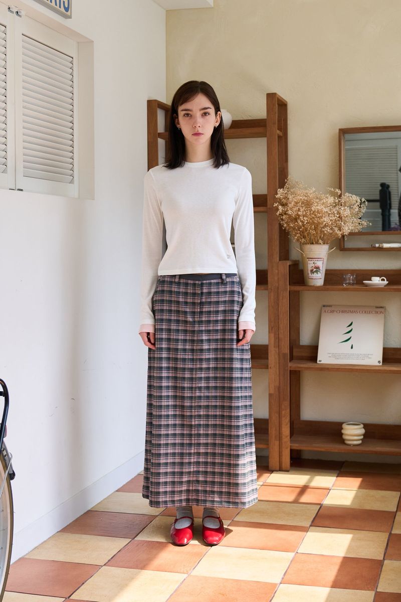 CHECK SLIT LONG SKIRT PINK