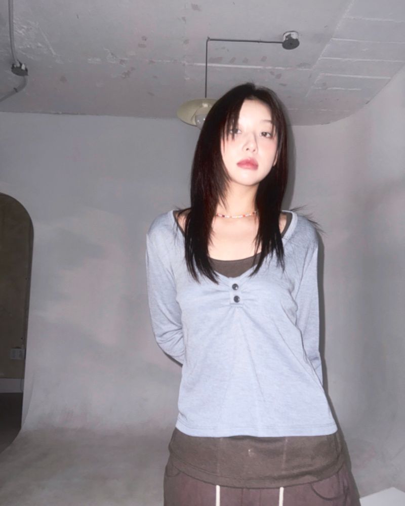 (3color) Shirring Button Layered Wool Knit Tee