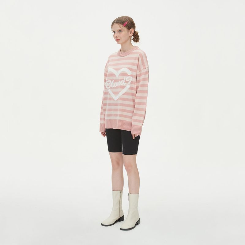 STRIPE HEART ROUND NECK KNIT_PINK